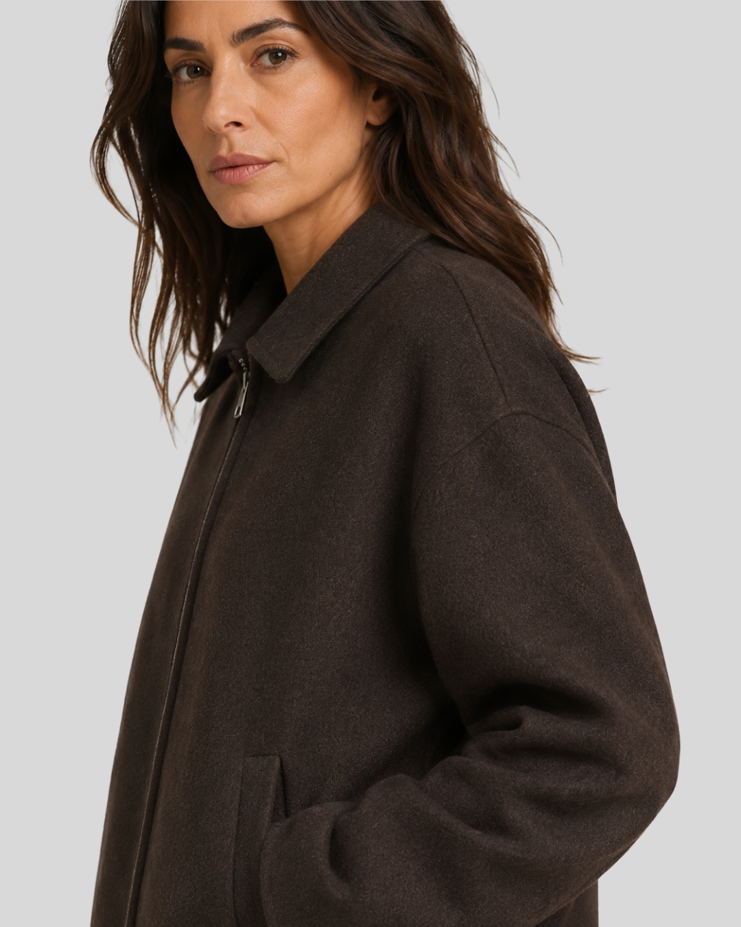 Giacca Donna Marrone con Colletto Classico e Chiusura con Zip