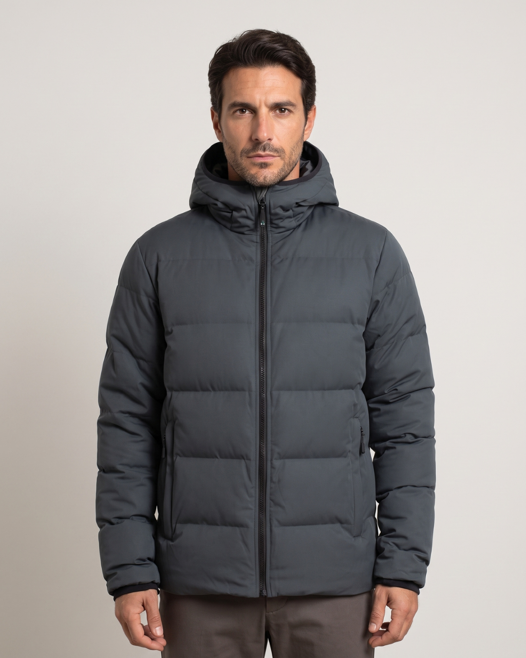 Giacca Imbottita Uomo con Cappuccio Grigio Scuro e Zip
