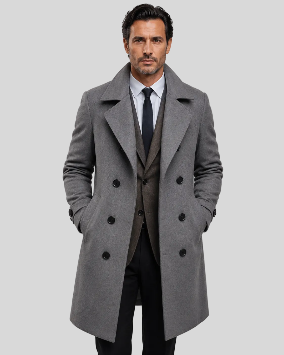 Cappotto Uomo Doppiopetto Lungo Elegante con Revers e Tasche Laterali