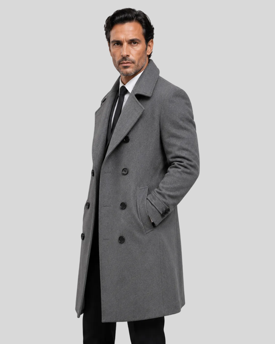 Cappotto Uomo Doppiopetto Lungo Elegante con Revers e Tasche Laterali