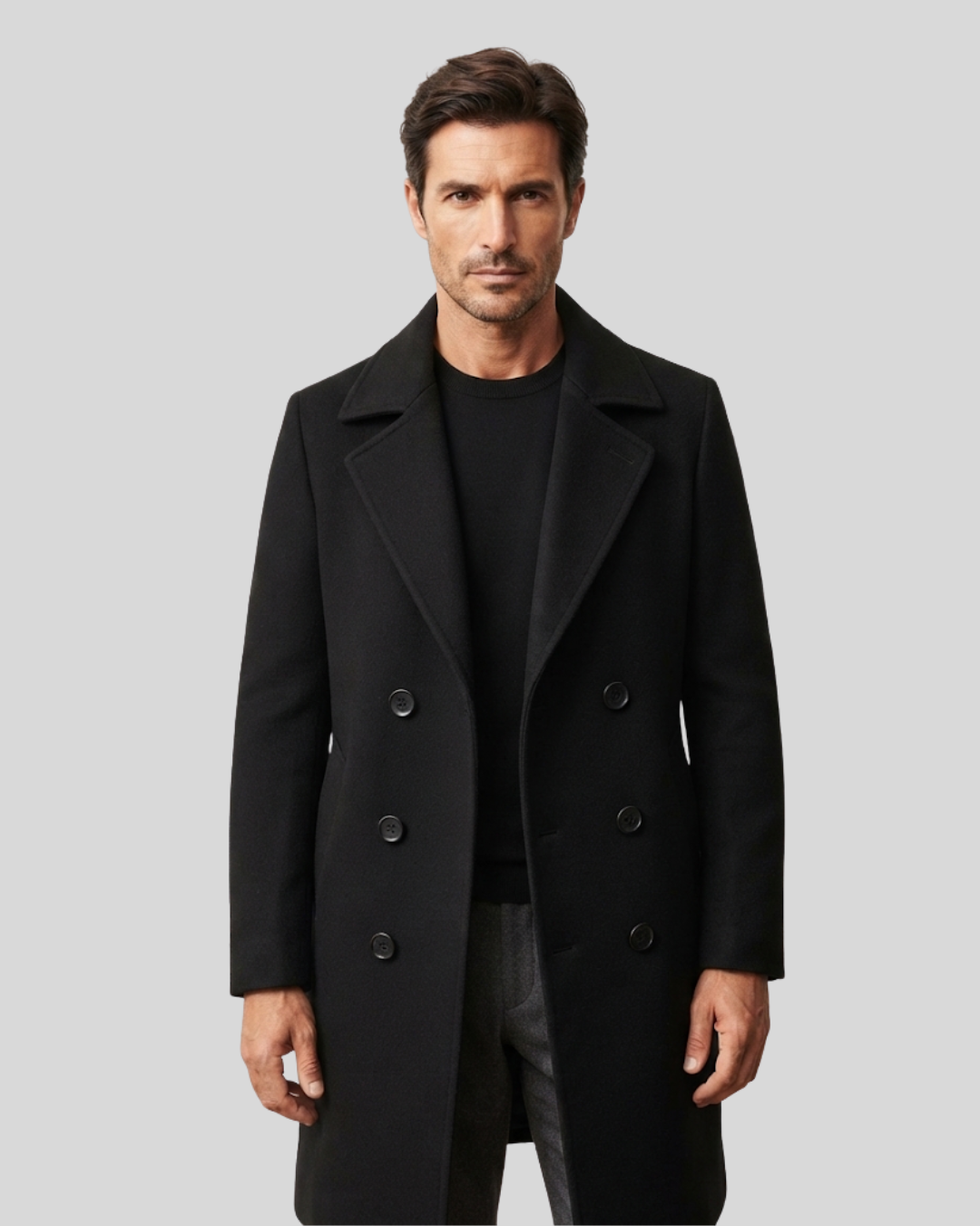 Cappotto Uomo Doppiopetto Lungo Elegante con Revers e Tasche Laterali