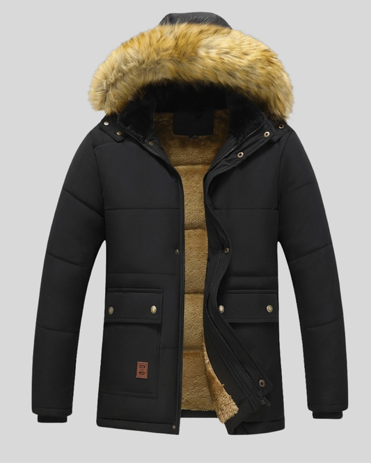 Giacca Piumino Uomo Invernale Nero con Cappuccio in Pelliccia e Fodera Interna Calda