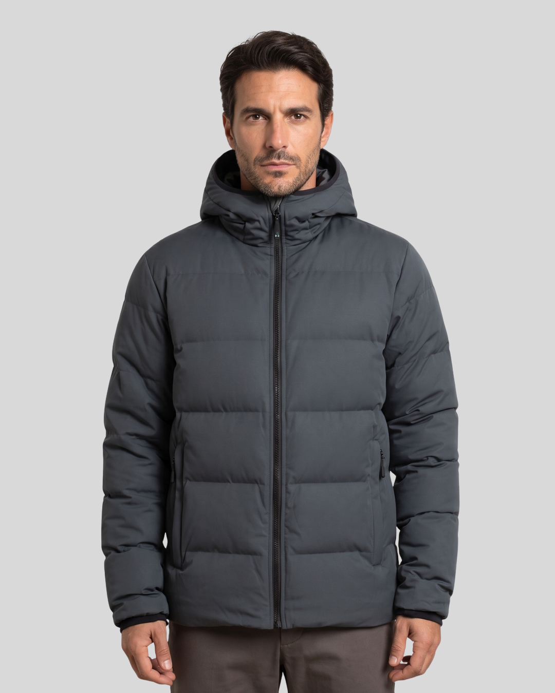 Giacca Imbottita Uomo con Cappuccio Grigio Scuro e Zip