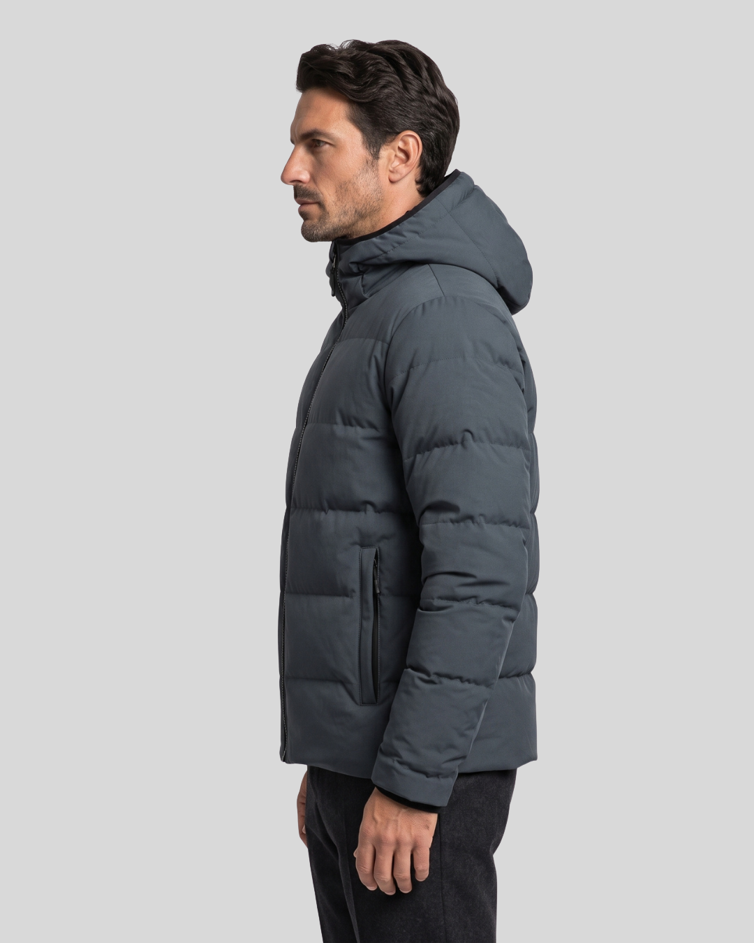 Giacca Imbottita Uomo con Cappuccio Grigio Scuro e Zip