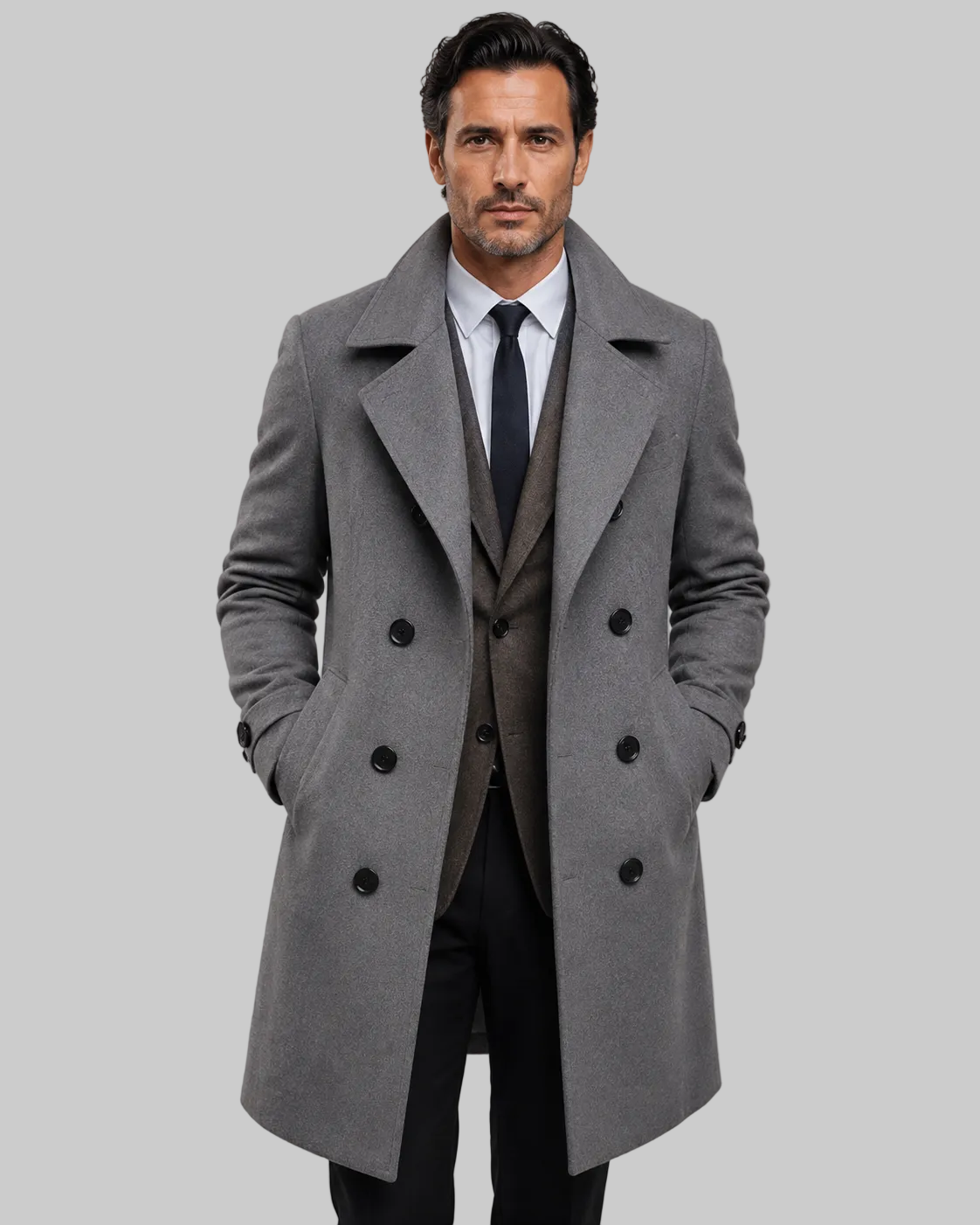 Cappotto Uomo Doppiopetto Lungo Elegante con Revers e Tasche Laterali
