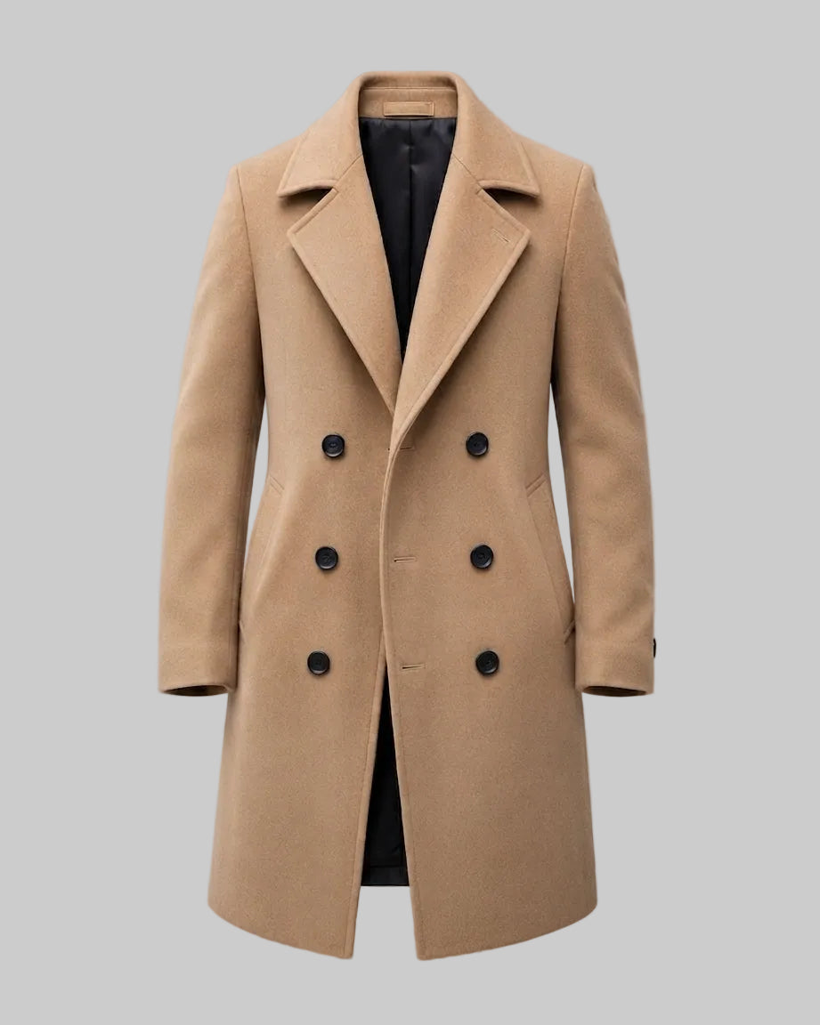 Cappotto Uomo Doppiopetto Lungo Elegante con Revers e Tasche Laterali